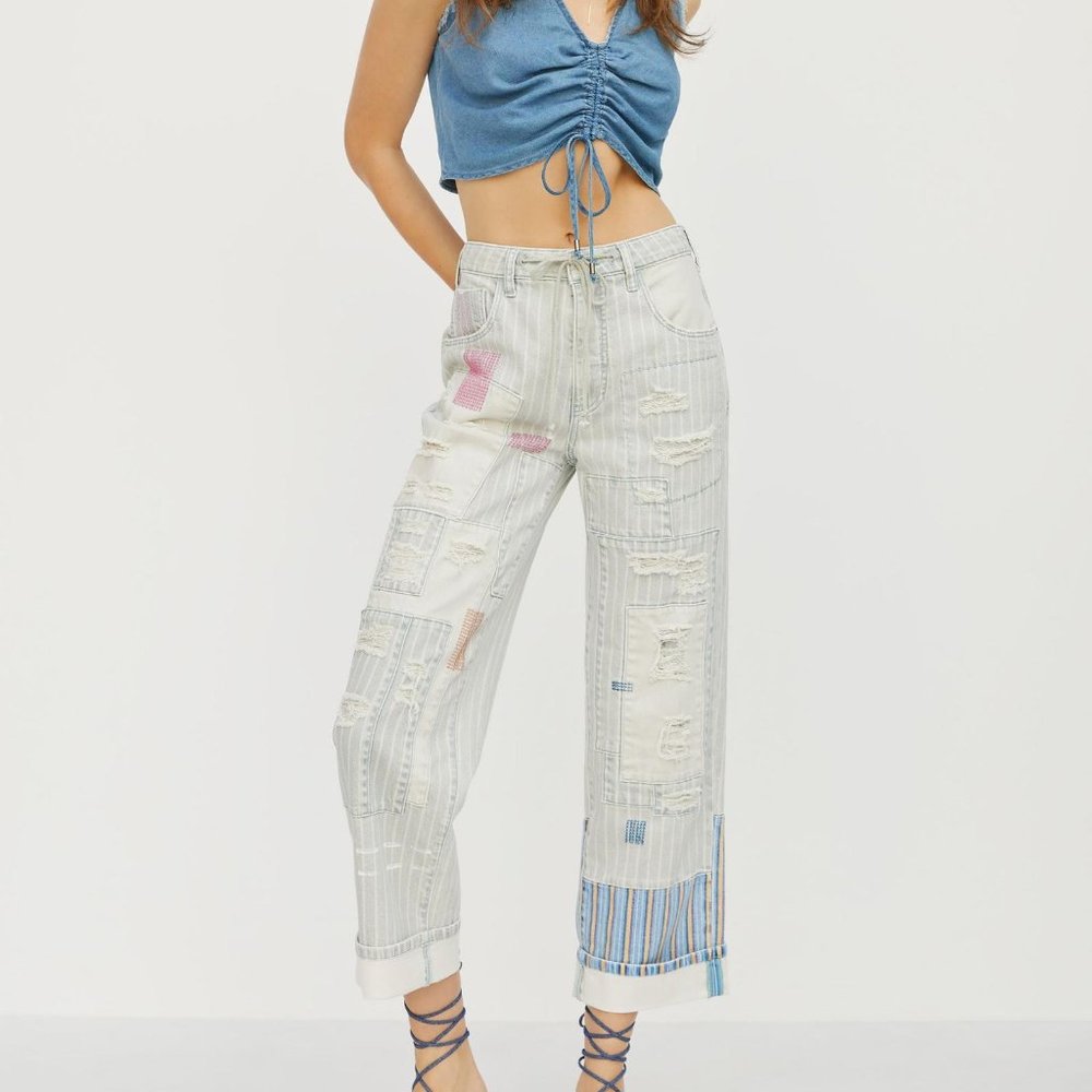 NWT Anthropologie Pilcro Railroad High-Rise Utility Patchwork Jeans Size 27